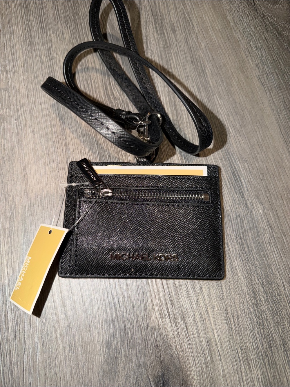 NWT Michael Kors Black Saffiano Leather Card Case with Lanyard